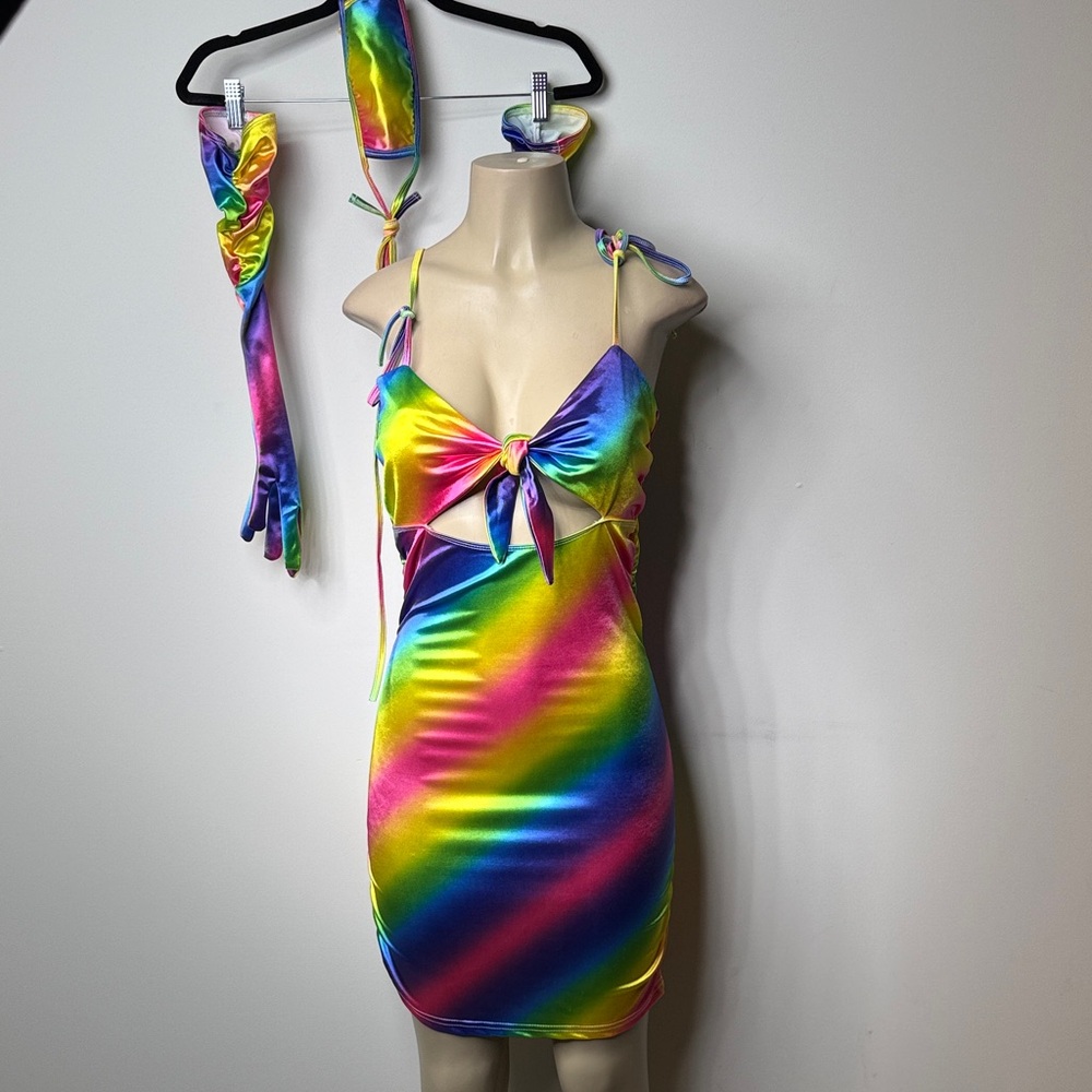 Rainbow Tie-Front Mini Dress with Matching Accessories with gloves and mask
